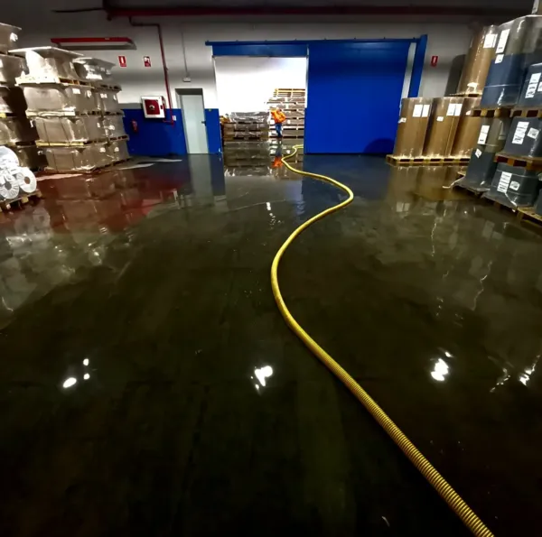 Nave industrial del Baix Llobregat con el suelo cubierto de agua y manguera de aspiración amarilla cruzando hacia la puerta
