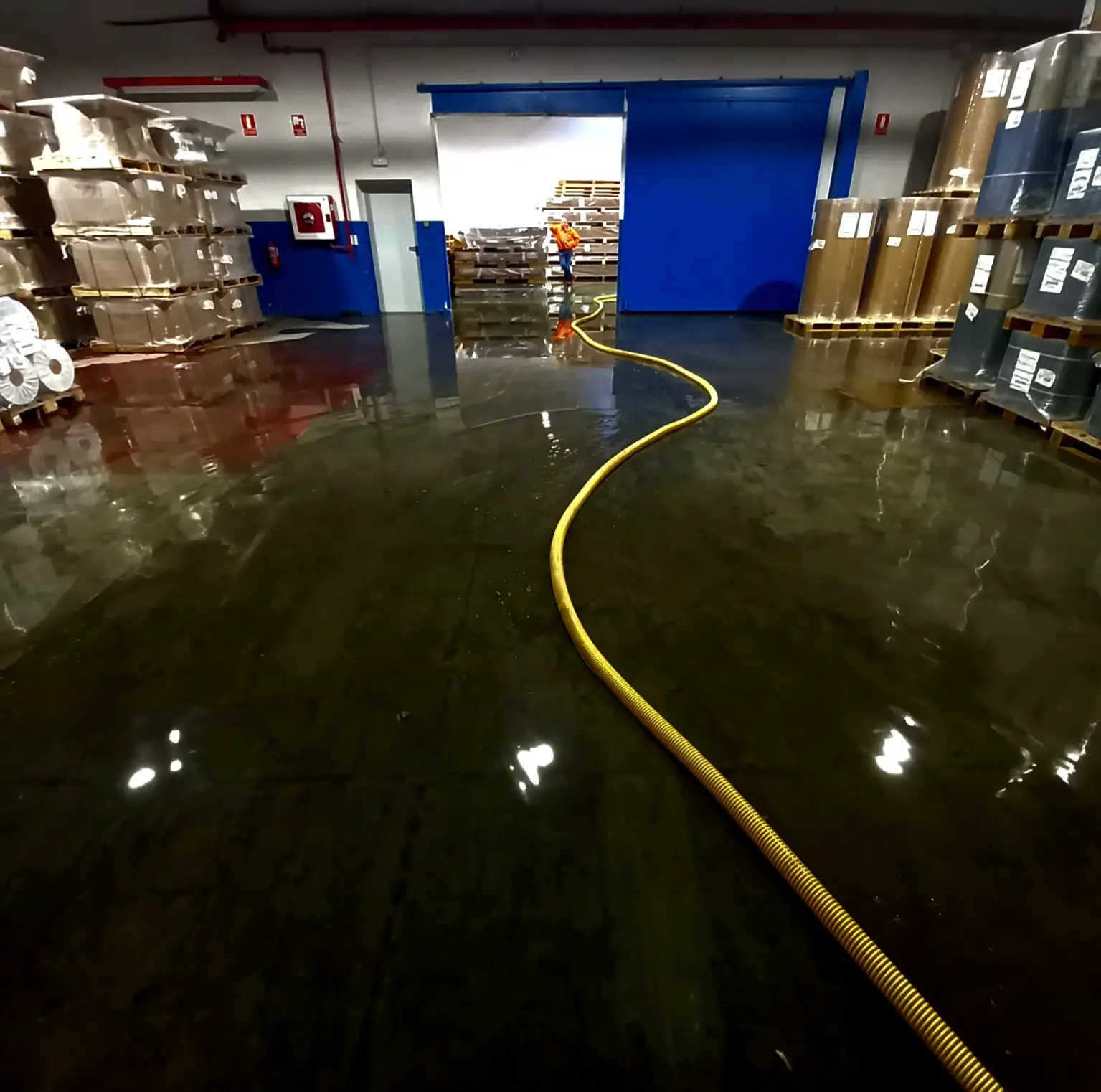 Nave industrial del Baix Llobregat con el suelo cubierto de agua y manguera de aspiración amarilla cruzando hacia la puerta